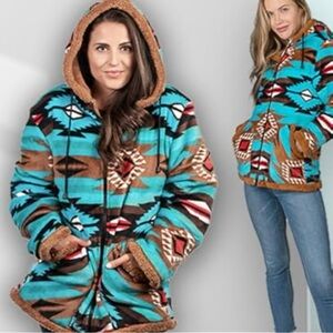 Vibrant Aztec Teddy Jacket with Hood
